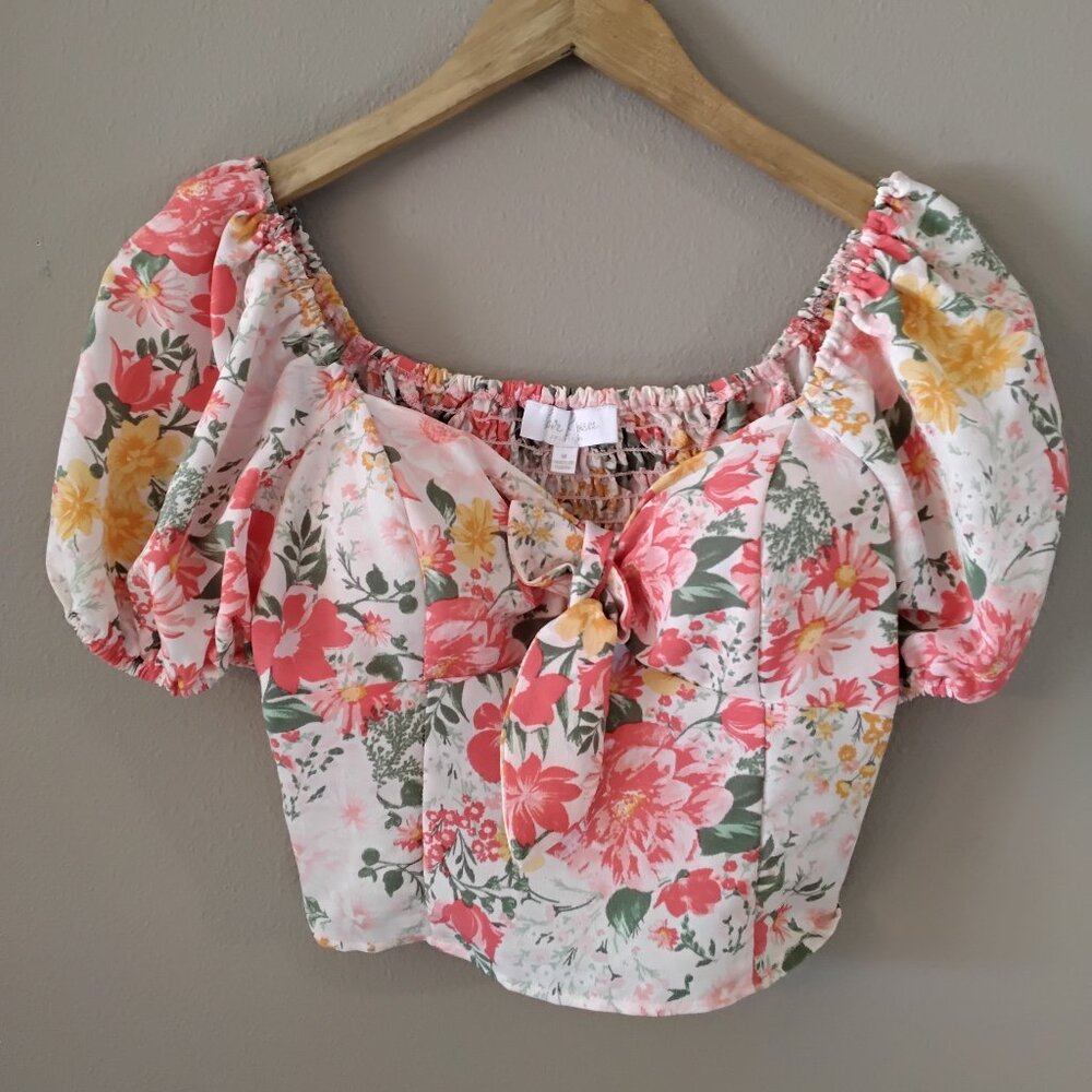 Cotton Blend floral crop top,  love &  piece square neck, puff sleeve blouse